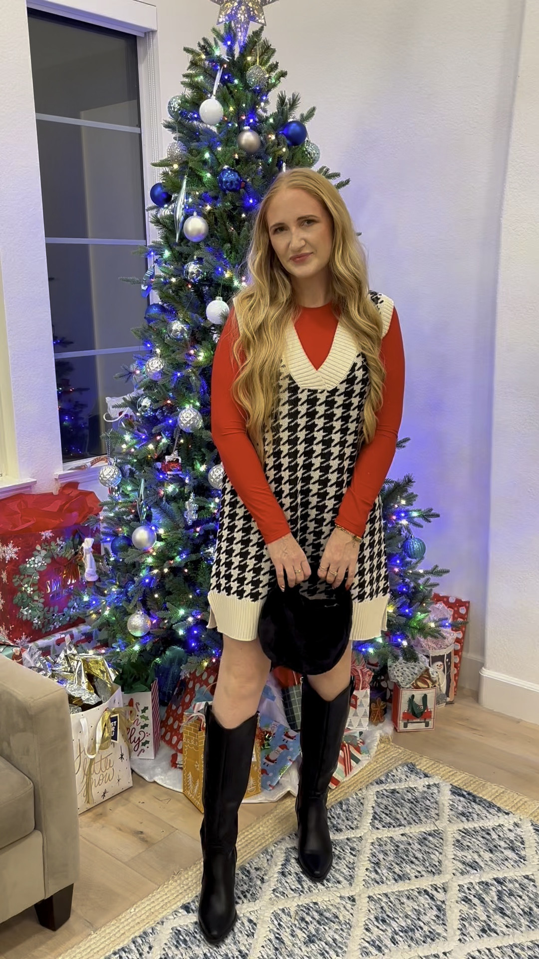 Holiday outfit idea ❄️ cutest little houndstooth sweater dress layered with a pop of red staple long sleeve top! Paired with my favorite cowgirl booties. This whole look is super affordable! 

Wearing L in top and dress at 150 lbs and 5’7” for reference. Shoes fit TTS! 

Holiday outfit ideas, new years outfit, NYE outfit, holiday style, winter style, winter outfit idea, winter style inspo, Amazon fashion, sweater dress, long sleeve tops

#LTKParties #LTKSeasonal #LTKHoliday