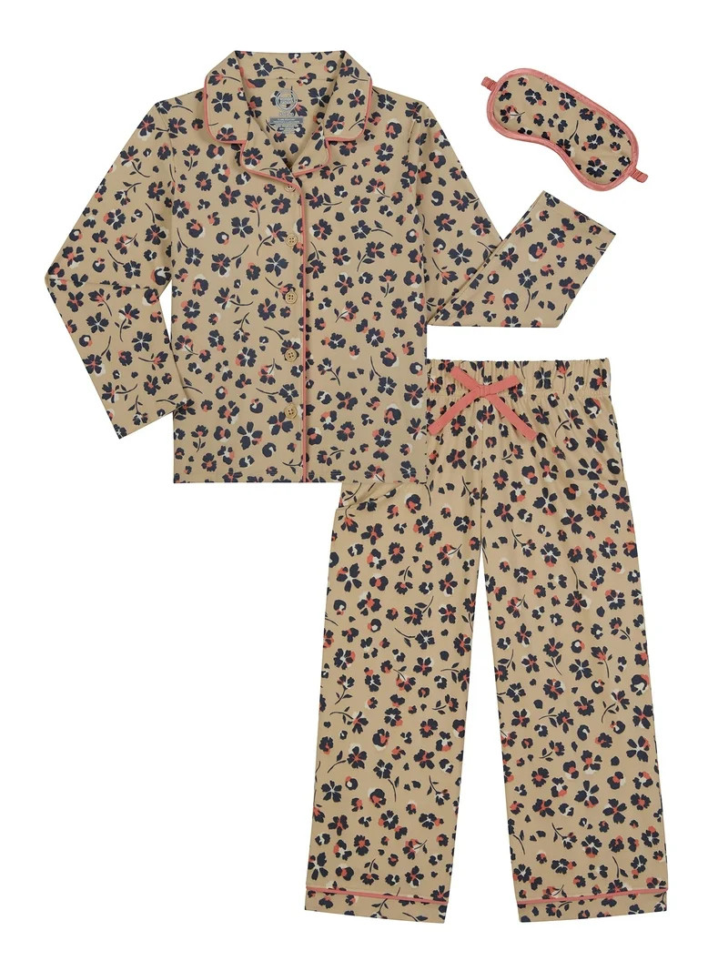 Wonder Nation Girls Button Front Long Sleeve Top & Pant Pajama Set with an Eyemask, 3-Piece, Size... | Walmart (US)