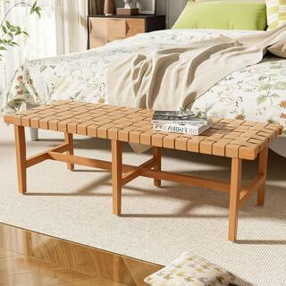 CHRISTOPHER KNIGHT HOME Cassius Modern Teak Finish Solid Wood Bedroom Bench with Woven Natural PU... | The Home Depot