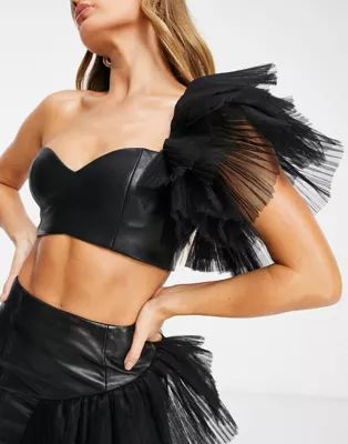 ASOS LUXE leather look bandeau tulle top in black | ASOS (Global)