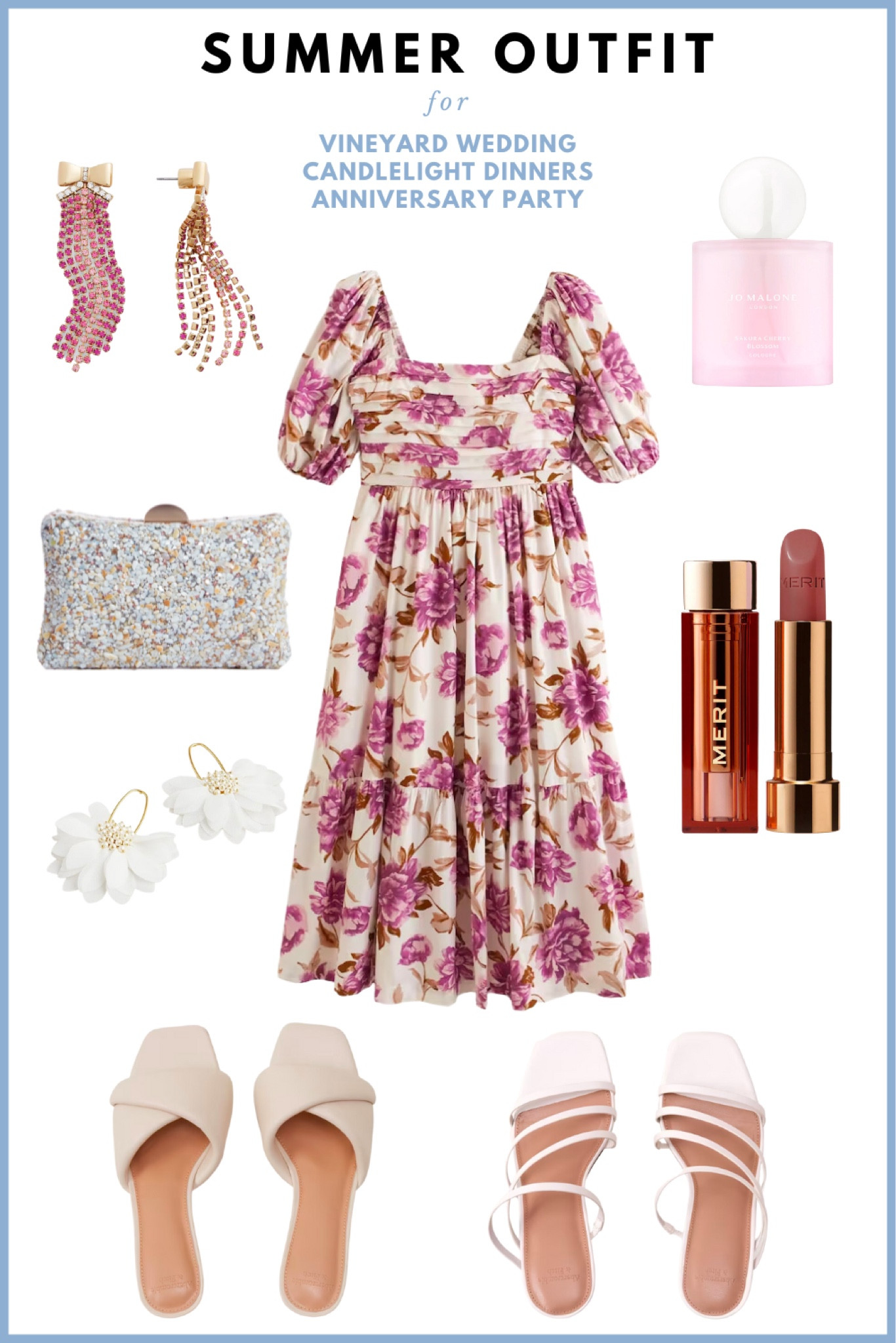 Summer outfit 2023 // Fringe earrings, puff sleeve dress, perfume, party clutch, floral earrings, strappy heels, low heels. Wedding guest outfit, spring dress, summer dress, special occasion outfit. 

#LTKstyletip #LTKSeasonal #LTKwedding