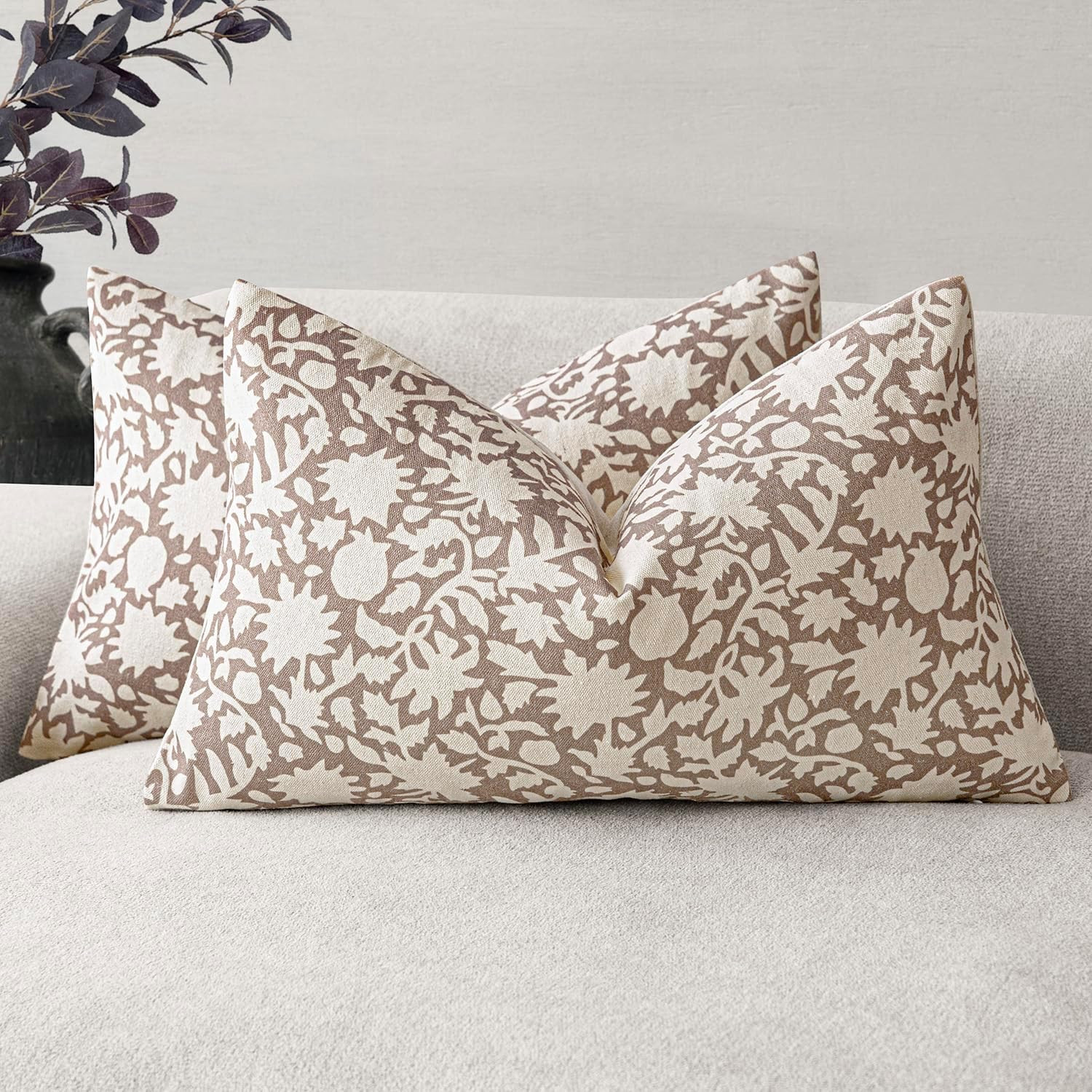Foindtower Set of 2 Decorative Neutral Floral Lumbar Throw Pillow Covers Accent Farmhouse Cushion Covers Boho Vintage Pillowcase for Couch Sofa Bedroom Living Room Home Decor,12×20 Inch,Tan | Amazon (US)