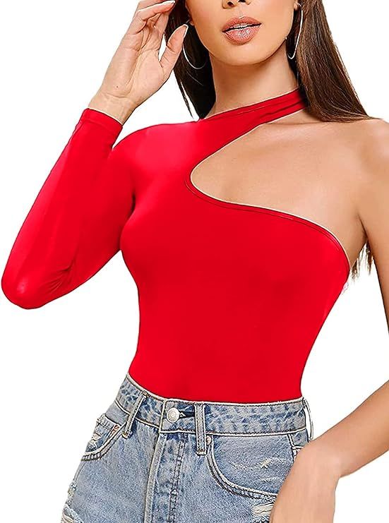 Remidoo Women's Long Sleeve One Shoulder T Shirt Slim Fit Cut Out Tops | Amazon (US)