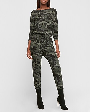cozy camo long sleeve utility jumpsuit | Express