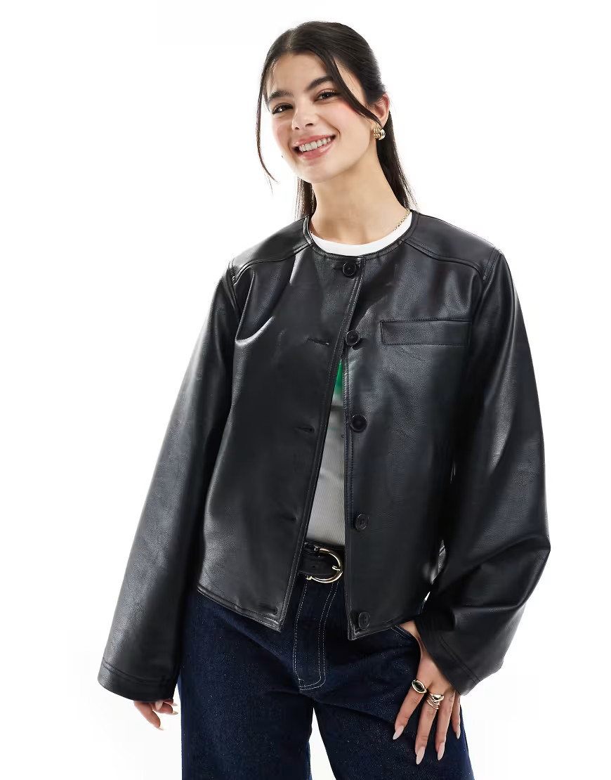 ASOS DESIGN collarless clean leather look jacket in black | ASOS (Global)