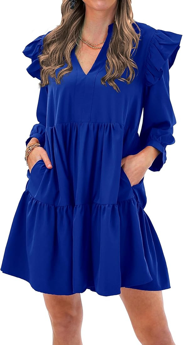 Women's 2023 Fall Casual Ruffle Long Sleeve V Neck Mini Dress Loose Tiered Flowy Babydoll Shirt D... | Amazon (US)
