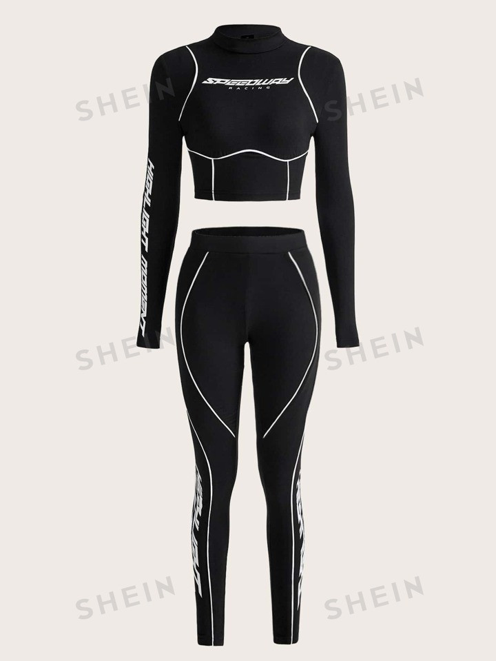 SHEIN ICON Bikercore Letter Graphic Mock Neck Crop Tee & Leggings | SHEIN