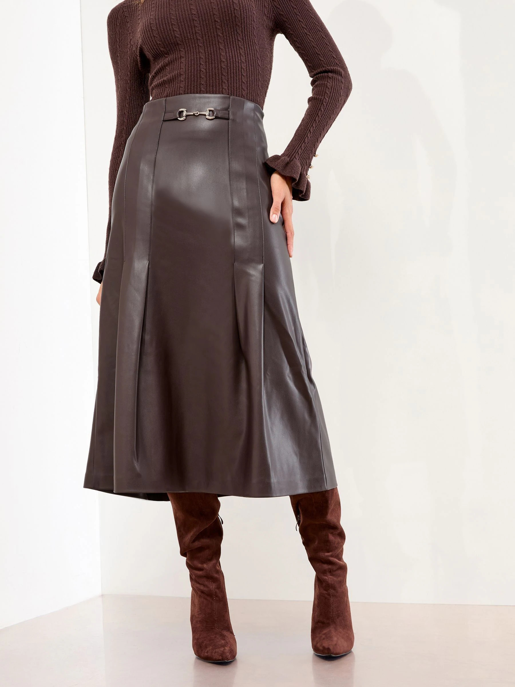 lipsy Lipsy Burgundy Red Faux Leather Box Pleat Midi Skirt | Next US