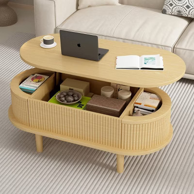 Fluted Lift Top Coffee Table with Hidden Storage Compartment, Oval Natural Wooden Center Table, Modern Coffee Table for Living Room or Office-Koiai | Target