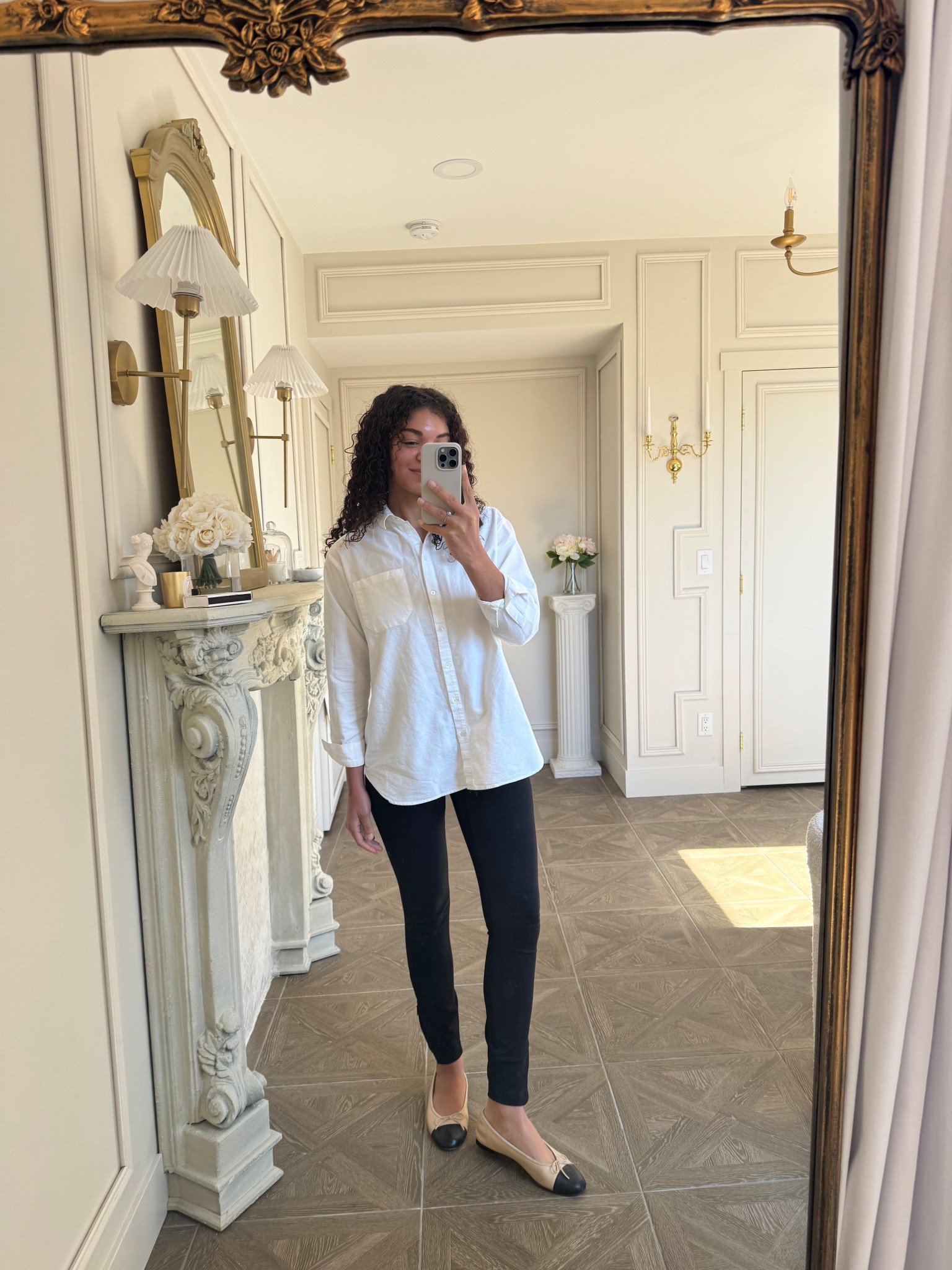 zip up leggings, oversized white button up, cap toe ballet flats 

#LTKootd
