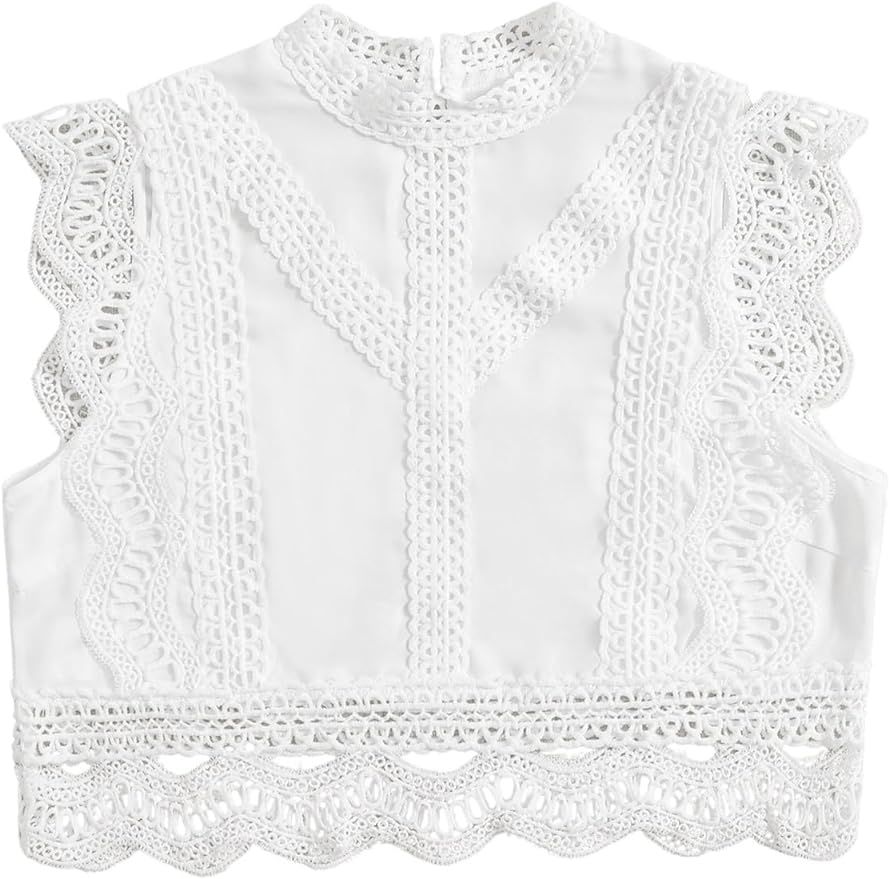 Floerns Women's Mock Neck Guipure Lace Trim Embroidery Blouse Tops | Amazon (US)