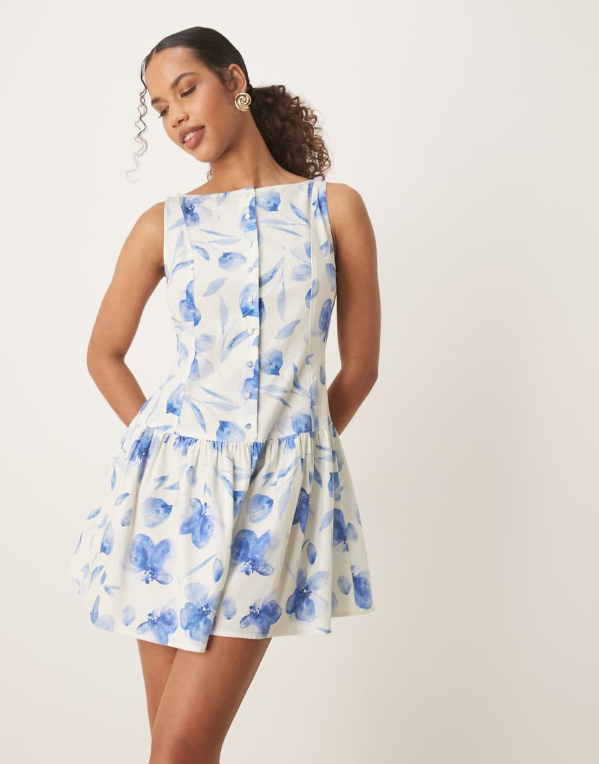 ASOS DESIGN slash neck button down dropped waist mini sundress in blue painted print-Multi | ASOS (Global)