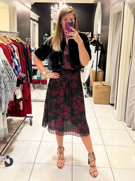 This midi dress would make a great addition for your fall/winter dress collection. Pair with a faux fur bolero and strappy heel and you’ve got a perfect holiday party look!

Dress runs large. I’m wearing a size XS. Bolero runs large. I’m wearing a size small. Heels are TTS.

#LTKshoecrush #LTKsalealert #LTKHoliday
