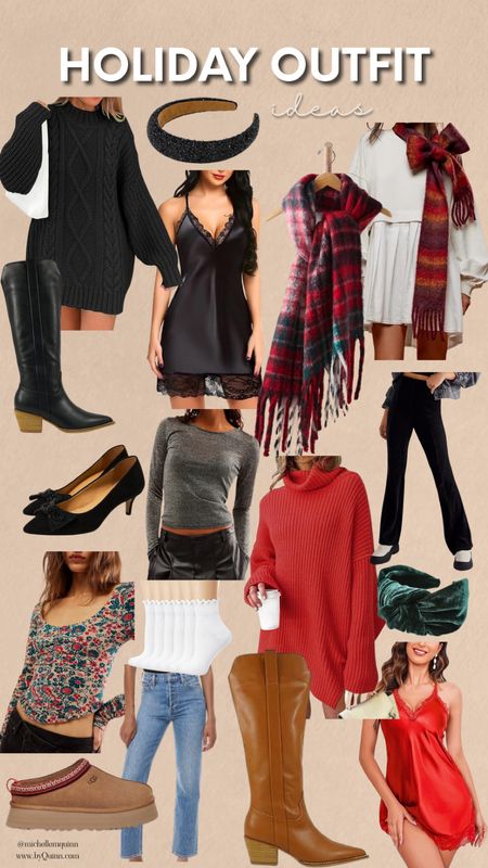 Holiday outfit ideas with black tunic sweater, slip dress, plaid scarf, layered dress, knee high boots, bow heels, floral top, ruffle socks, aritzia jeans, sparkly headband, velvet headband, red tunic dress, velvet pants

#LTKparties #LTKfindsunder100 #LTKHoliday
