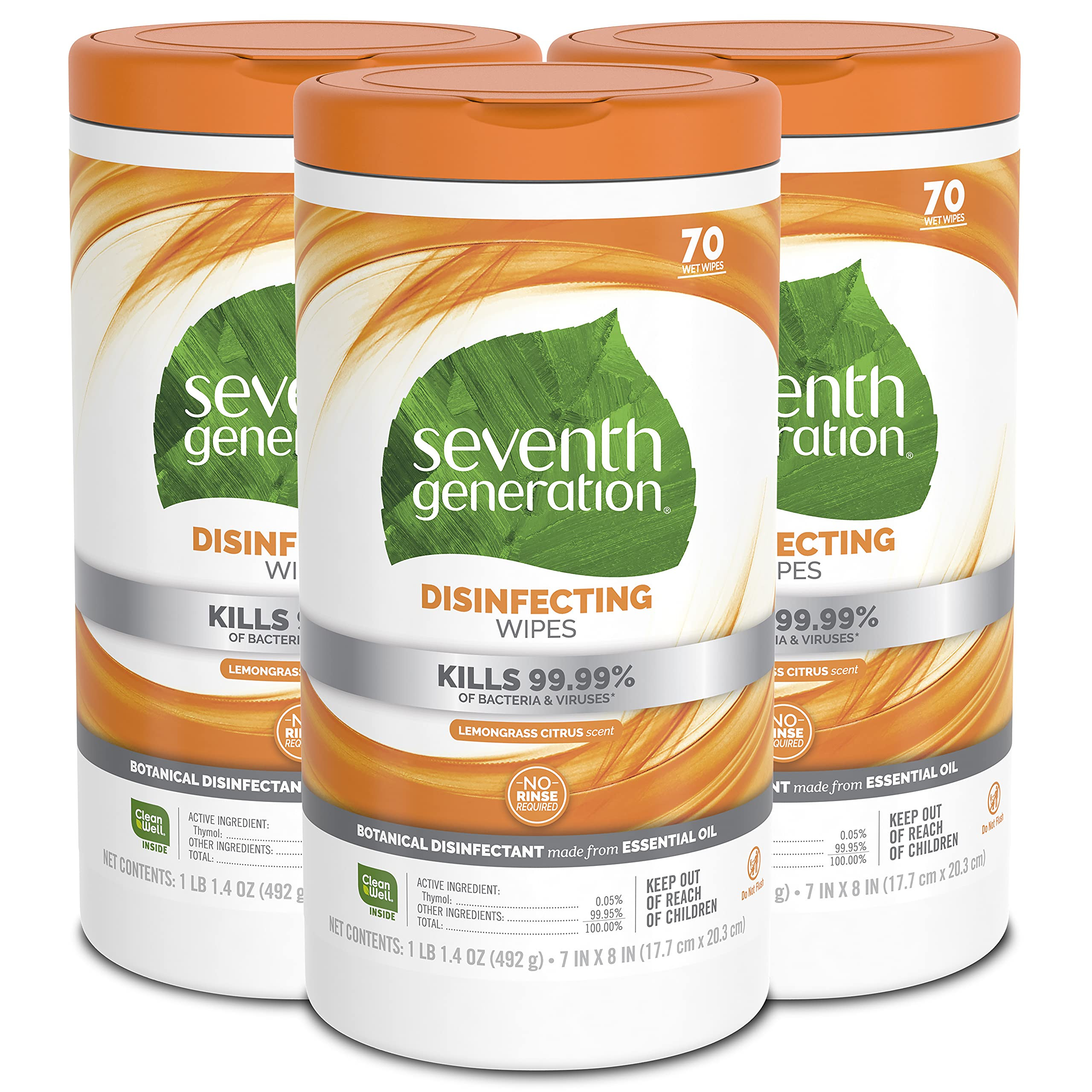 Seventh Generation Disinfecting Multi-Surface Wipes, Lemongrass Citrus, 70 Count, Pack of 3 (Pack... | Amazon (US)