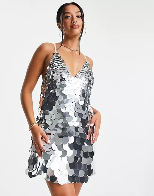 ASOS DESIGN Petite embellished cami mini dress in silver oversized disc sequin | ASOS (Global)