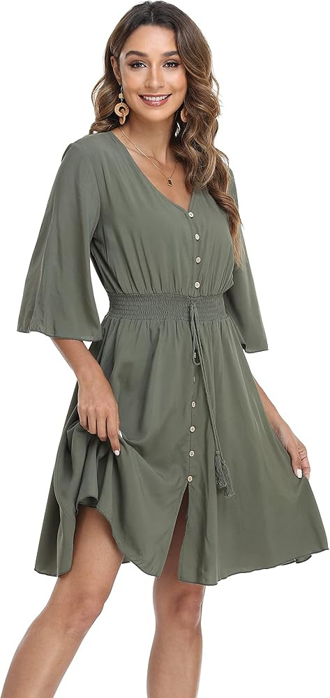 VintageClothing Women's Floral Sundresses Flowy Boho Summer Casual Beach Dress Button Up Midi Par... | Amazon (US)