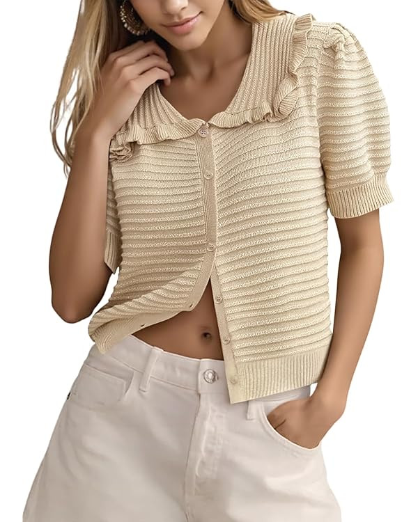 Cicy Bell Womens Ruffle Cardigan Sweater Puff Short Sleeve Button Up Eyelet Tops Ribbed Knit Pete... | Amazon (US)