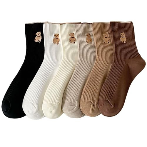JUENAWMIU 6 Pair Womens Cute Cotton Socks Funny Bear Japanese Casual Athletic Ankle Crew Socks For Women | Amazon (US)