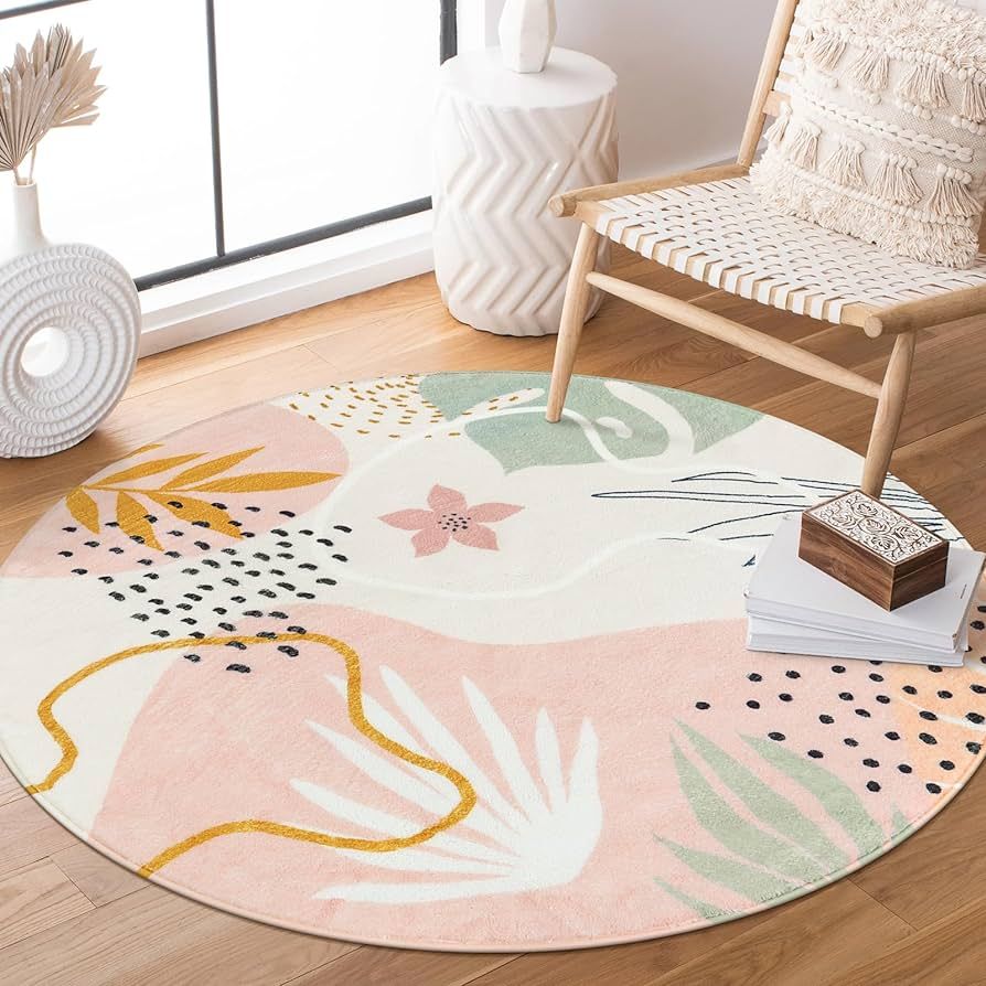 Lahome Pink Round Rugs - 3Ft Round Rug Washable Non-Slip Round Bathroom Rug Boho Small Circle Are... | Amazon (US)