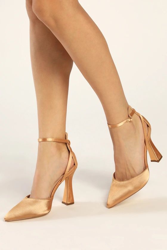 Shenay Gold Satin Pointed-Toe Ankle Strap Pumps | Lulus (US)