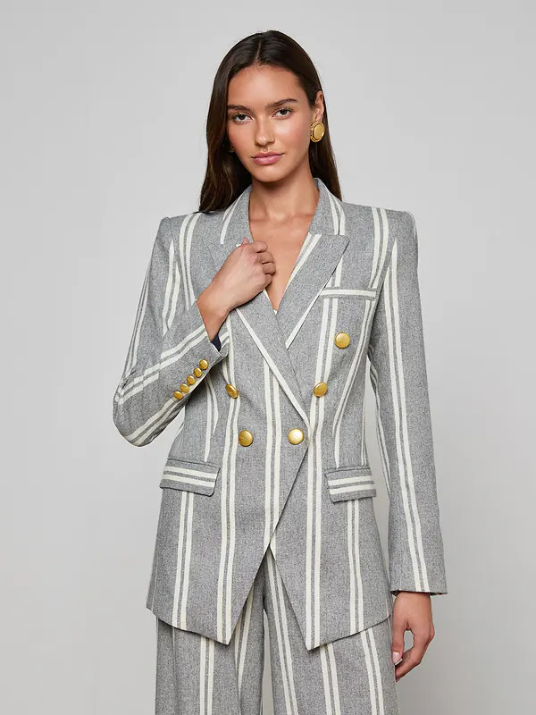 Kendi Longline Blazer in Grey/Ivory Stripe | L'AGENCE | L'Agence