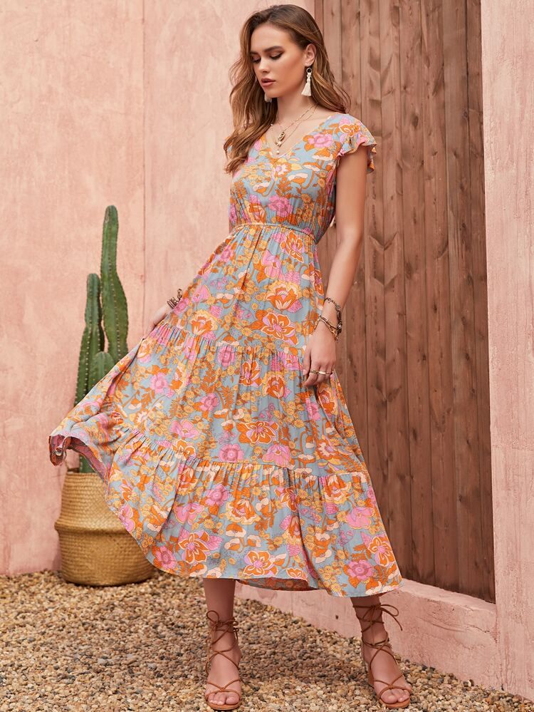 Rusttydustty Floral Butterfly Sleeve Flared Hem Dress Without Belt | SHEIN