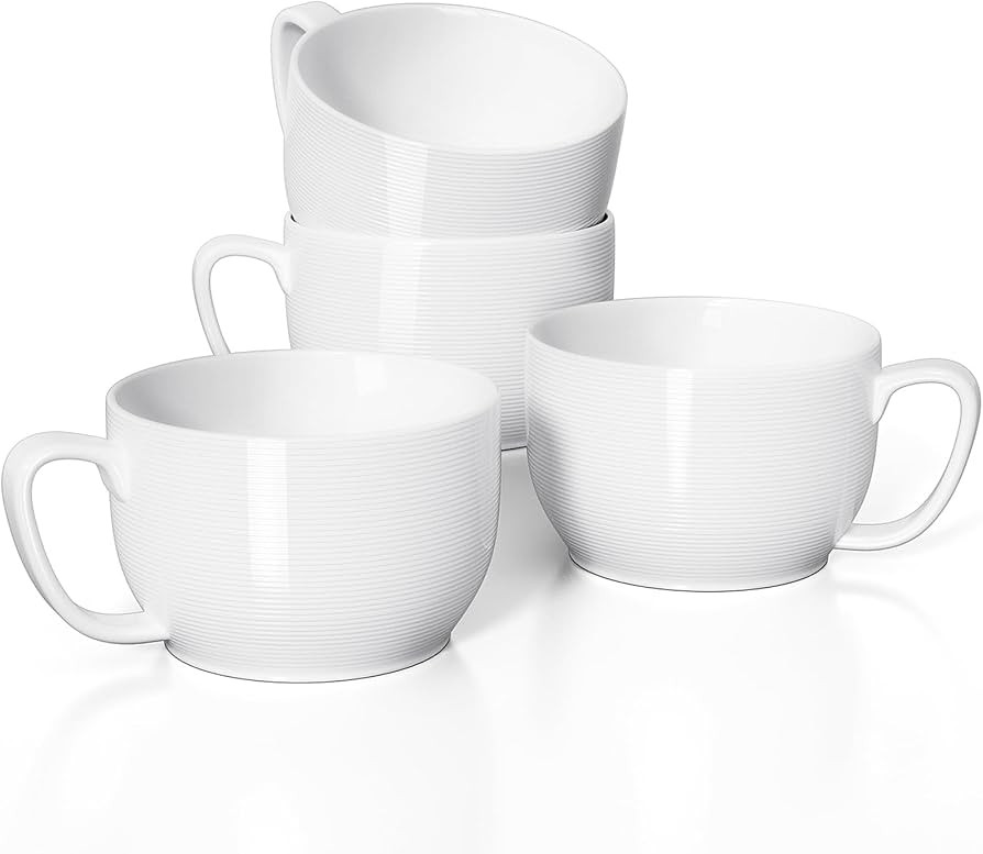 Teocera Soup Mugs with Handles, White Coffee Mugs Set of 4, Large Soup Cups - Striped Design - 24... | Amazon (US)