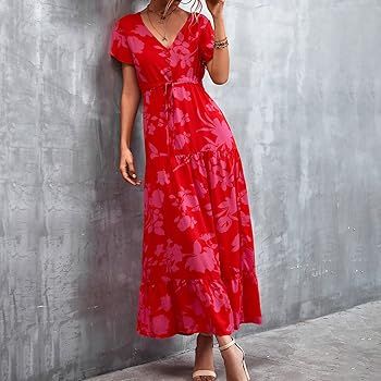 Summer Maxi Dresses for Women Casual Short Sleeve Button V Neck Tie Waist Floral Smocked Ruffle F... | Amazon (US)
