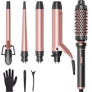 5-In-1 0.35 in. x 1.25 in. Ceramic Curling Iron Set with Curling Brush and 4 Interchangeable Curling Wand in Rose Gold | The Home Depot