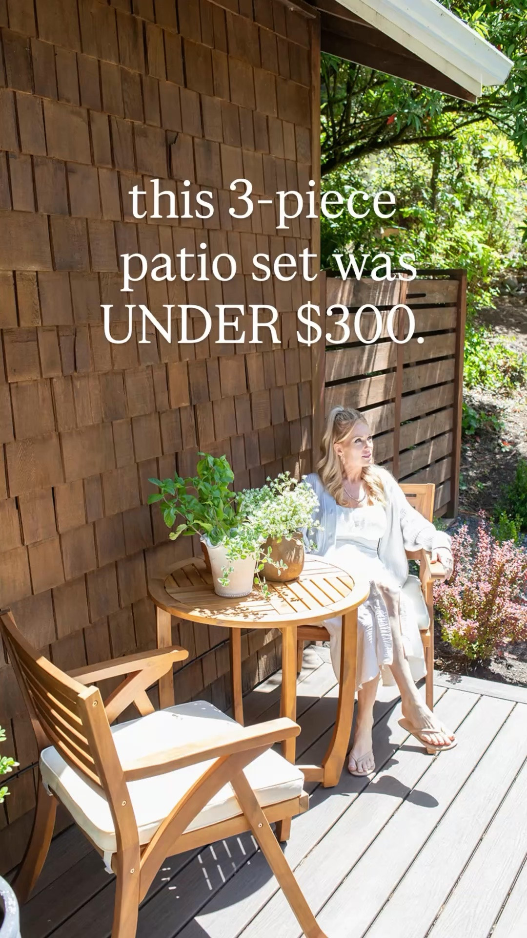Affordable patio furniture that looks designer. This 3-piece set was under $300 and completely transformed this little corner of our deck. The warm wood tone and neutral cushions make it look so much more expensive than it is.