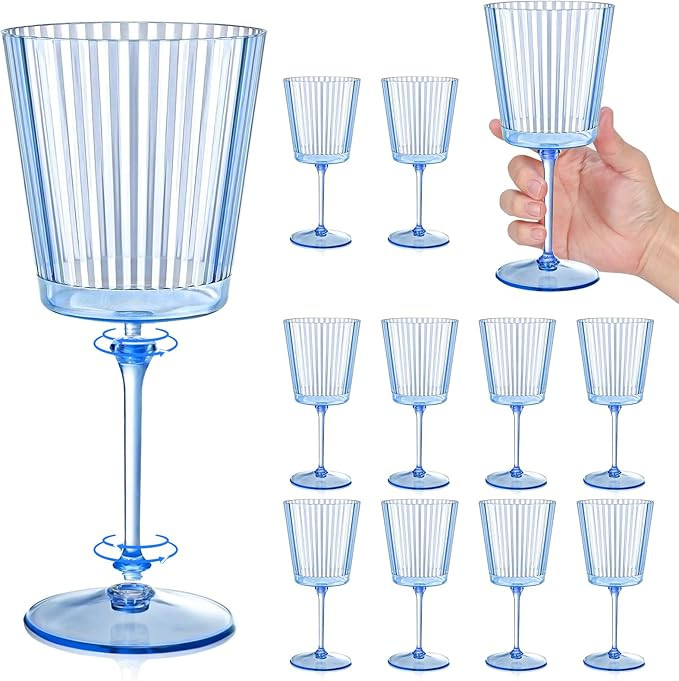 12 PCS Blue Ribbed Plastic Wine Glasses 13.5 OZ Ribbed Wine Glasses Detachable Wine Glass Elegant... | Amazon (US)