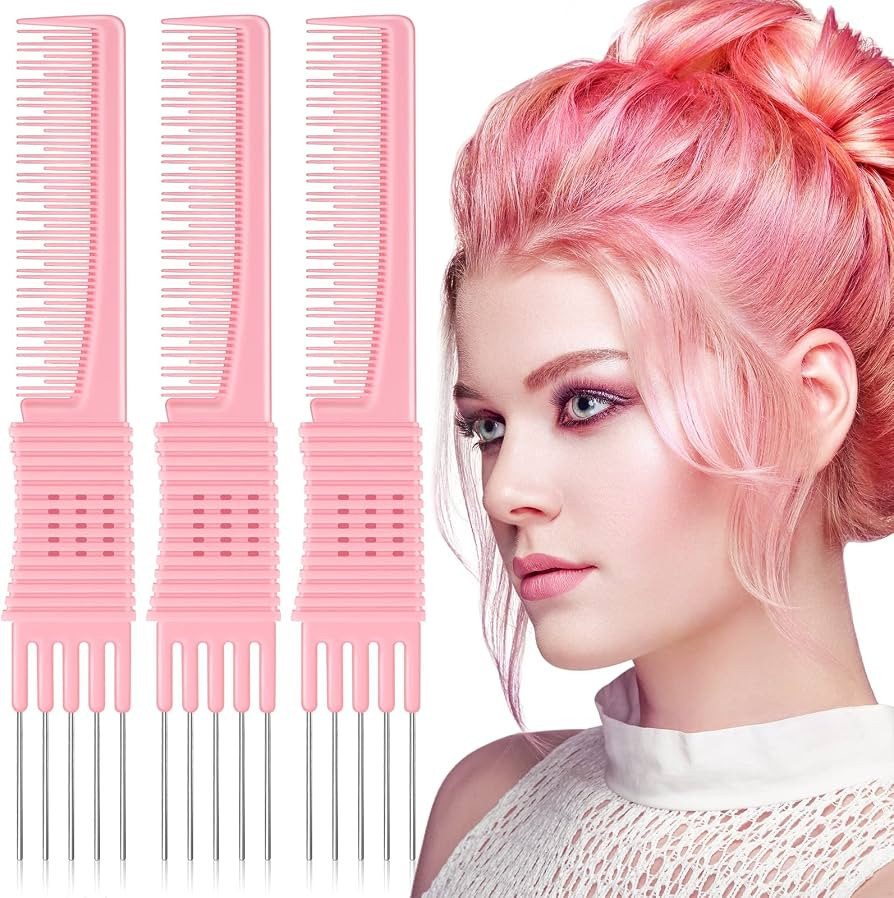 Leinuosen 3 Pack Carbon Lift Teasing Combs with Metal Prong, Salon Teasing Back Combs (Pink) | Amazon (US)