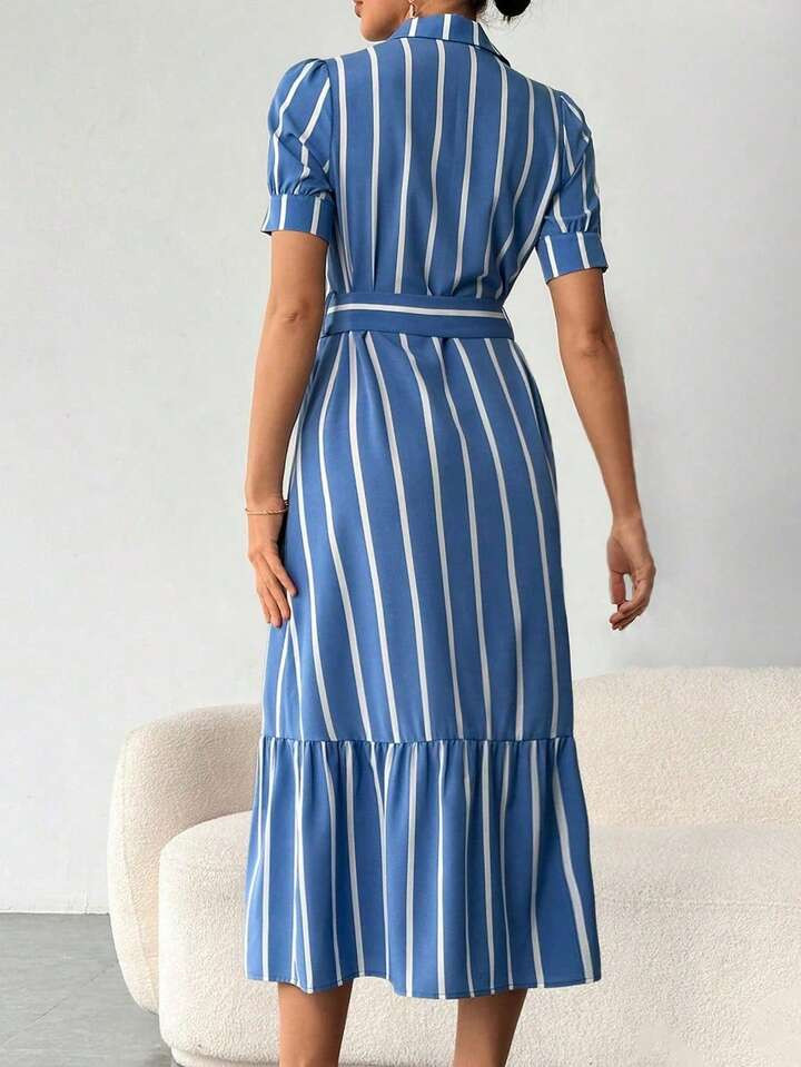 SHEIN Essnce Striped Print Ruffle Hem Belted Shirt Dress | SHEIN