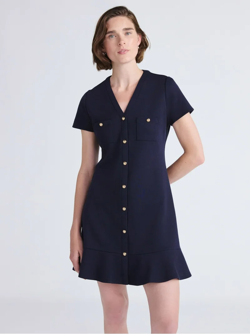 Free Assembly Women's Button Front Mini Dress with Ruffle Hem, Sizes XS-XXL | Walmart (US)