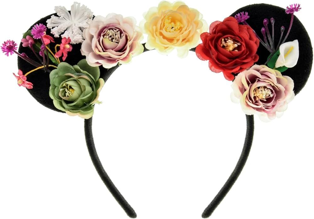A Miaow Flower Headpiece Black Mouse Ears Headband MM Floral Hair Hoop Halloween Park Women Adult... | Amazon (US)