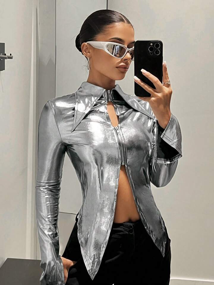 SHEIN ICON Zip Up Split Sleeve Asymmetrical Hem Tee | SHEIN