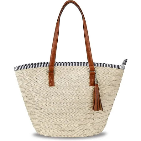 Straw Handbag Summer Beach Bag Women s Shoulder Bag with Leather Handles Tassel Bohemian Handwoven C | Walmart (US)