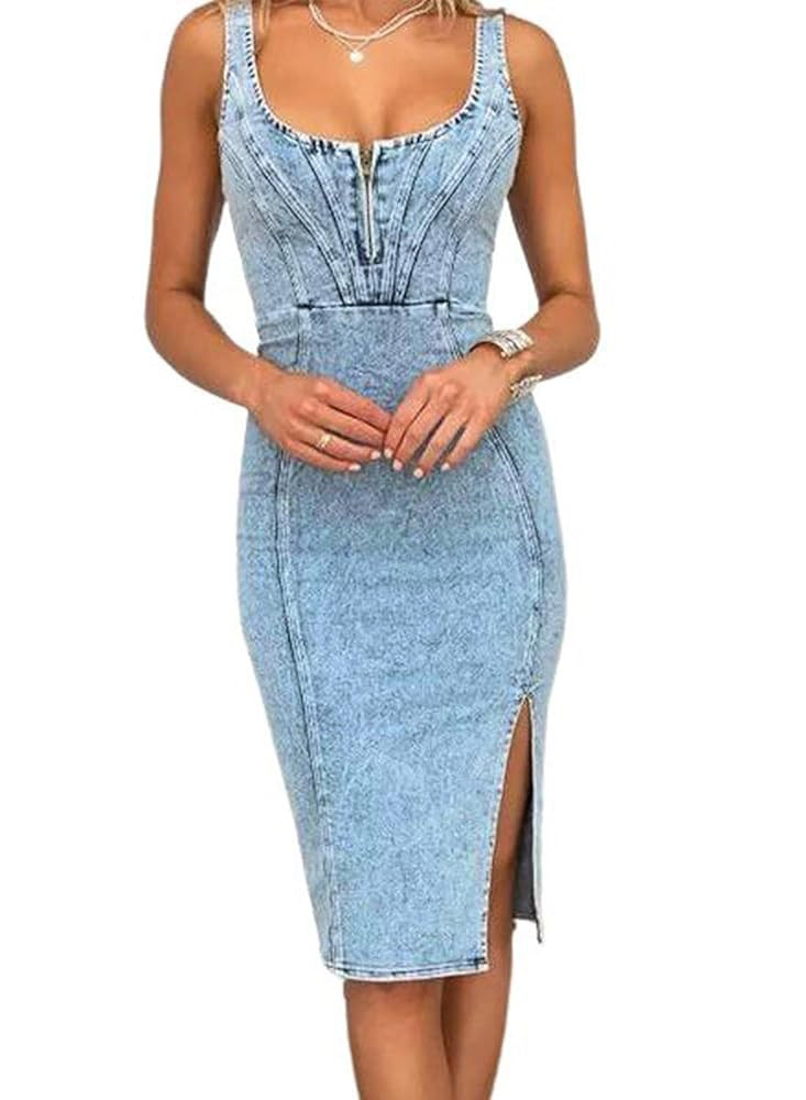 utcoco Denim Dress for Women Sleeveless Side Slit Bodycon Midi Jean Dresses for Women 2025 | Amazon (US)