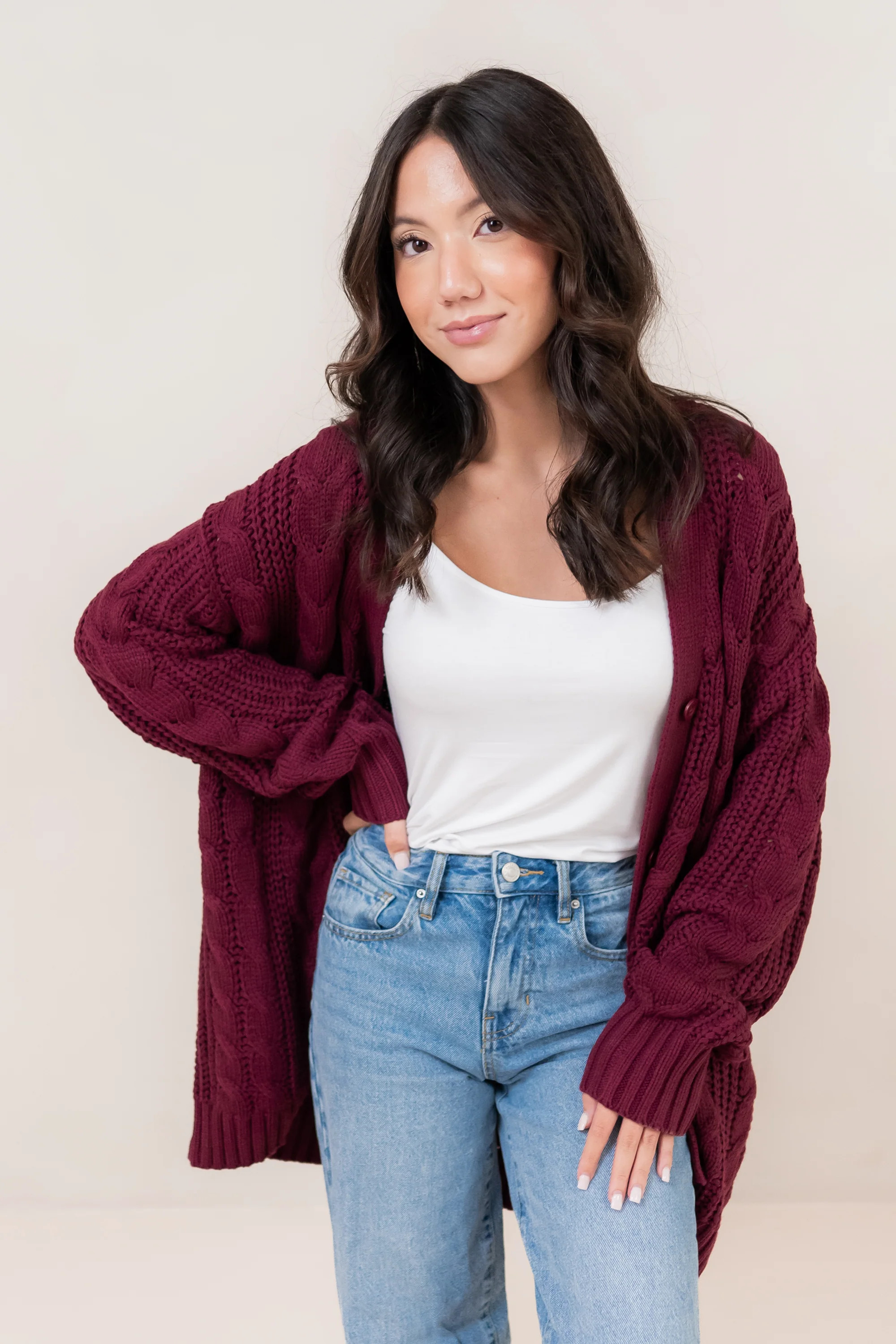 Cable Knit Cardigan in Burgundy | Kyte Living