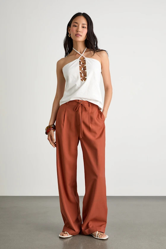 Bowen Rust Orange High-Rise Wide-Leg Trouser Pants | Lulus