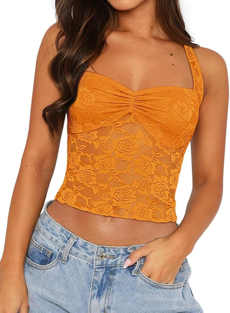 REORIA Lace Tops for Women Halter Sexy Going Out Tank Crop Y2K Fashion Top 2026 Trendy | Amazon (US)