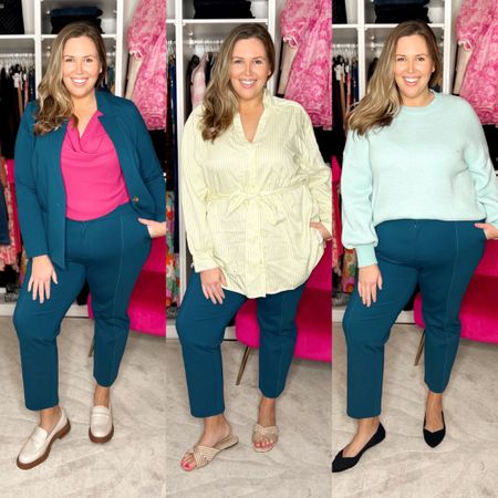 Eloquii Pants Style Session! Styling these super cute plus size trousers 3 ways! Wearing a size 18 in the pants in all 3 looks and they fit like a DREAM! Look 1: paired the pants with a pink cowl neck top from Eloquii (18 - runs a bit small in my hip area) and the matching blazer from Eloquii as well (18 - jacket has lots of stretch but definitely isn't oversized/looser fit) and a pair of cream loafers. Look 2: paired the pants with a tunic length button-front - it's white and then like a citrine yellow stripe and it ties at the waist and it is adorable (18/20) and a pair of sandals perfect from spring and summer! Look 3: paired the pants with a super cute blue sweater from Walmart and a pair of black flats

#LTKSeasonal #LTKworkwear #LTKcurves