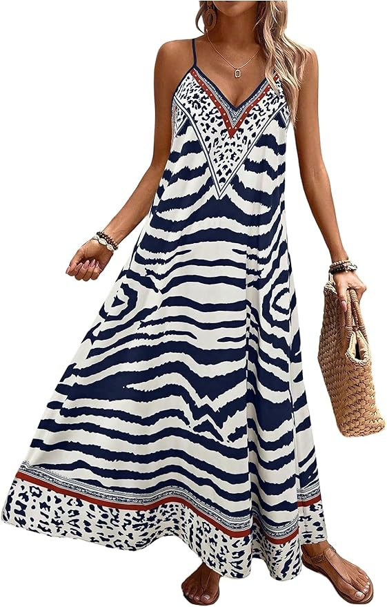 OYOANGLE Women's Zebra Striped Print V Neck Long Cami Dress Spaghetti Strap Flowy Boho Dresses | Amazon (US)
