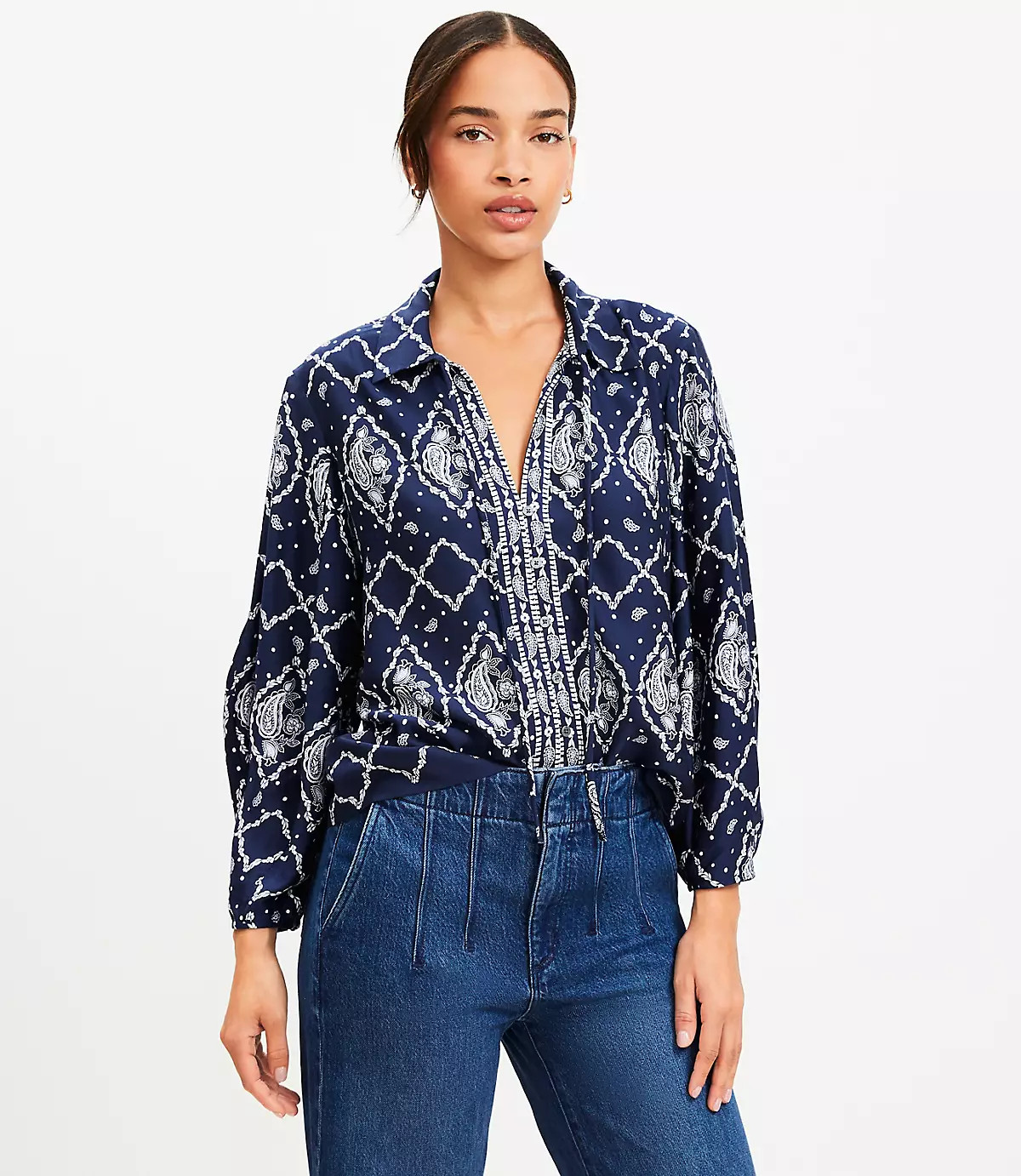 Paisley Seamed Sleeve Tie Neck Blouse | LOFT