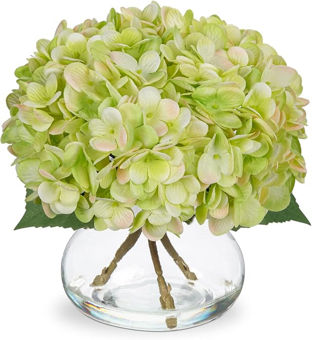 Hollyone Green Hydrangea Artificial Flowers with Glass Vase Silk Faux Flowers Arrangements in Vas... | Amazon (US)