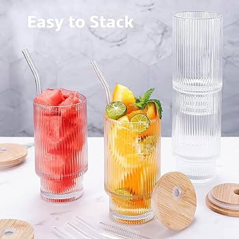 ALINK 16 OZ Ribbed Drinking Glasses 4pcs Set with Bamboo Lids and Glass Straws, Vintage Iced Coff... | Amazon (US)