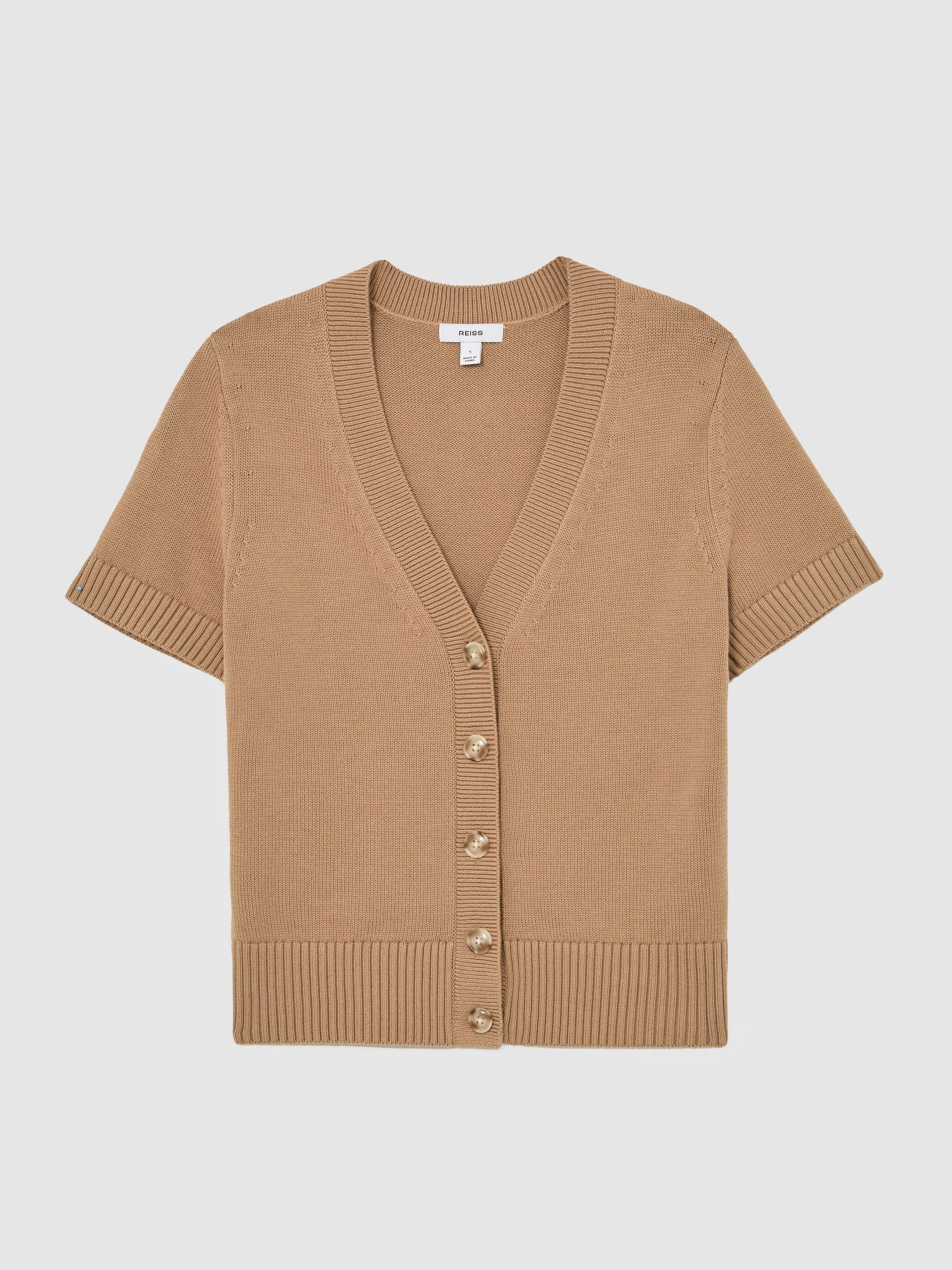 Reiss V-Neck Short-Sleeve Cardigan Cotton-Wool in Camel | REISS | Reiss US