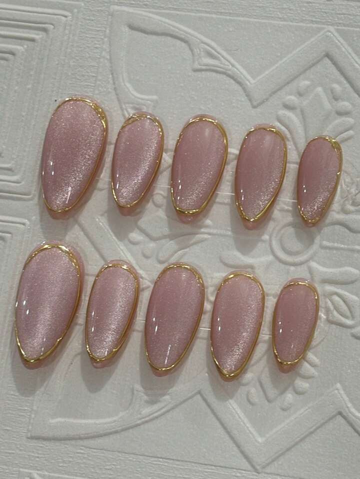 10pcs Handmade Almond-Shaped Fake Nails With Pink Cat Eye & Shiny Gold Mirrored Powder, Fashionab... | SHEIN