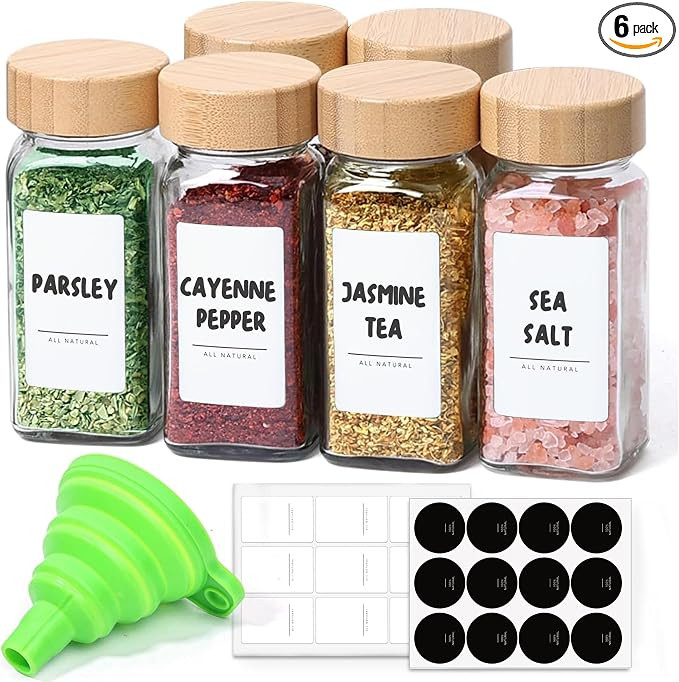 ComSaf Glass Spice Jars with with Labels 4 oz 6 Pack Small Bamboo Lids | Empty Containers, Season... | Amazon (US)